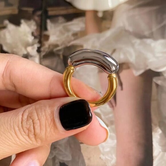 NWT 18K Gold Plated Minimalist Statement Chunky Ring Sz. 7 Two-tone Avant Garde - Picture 9 of 14